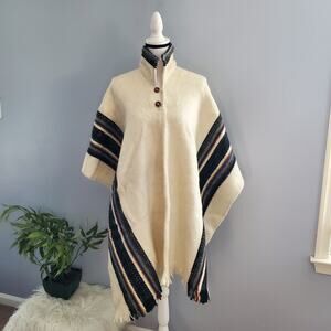 100% Alpaca Wool Cream Gray Collared Three Striped Poncho Unisex